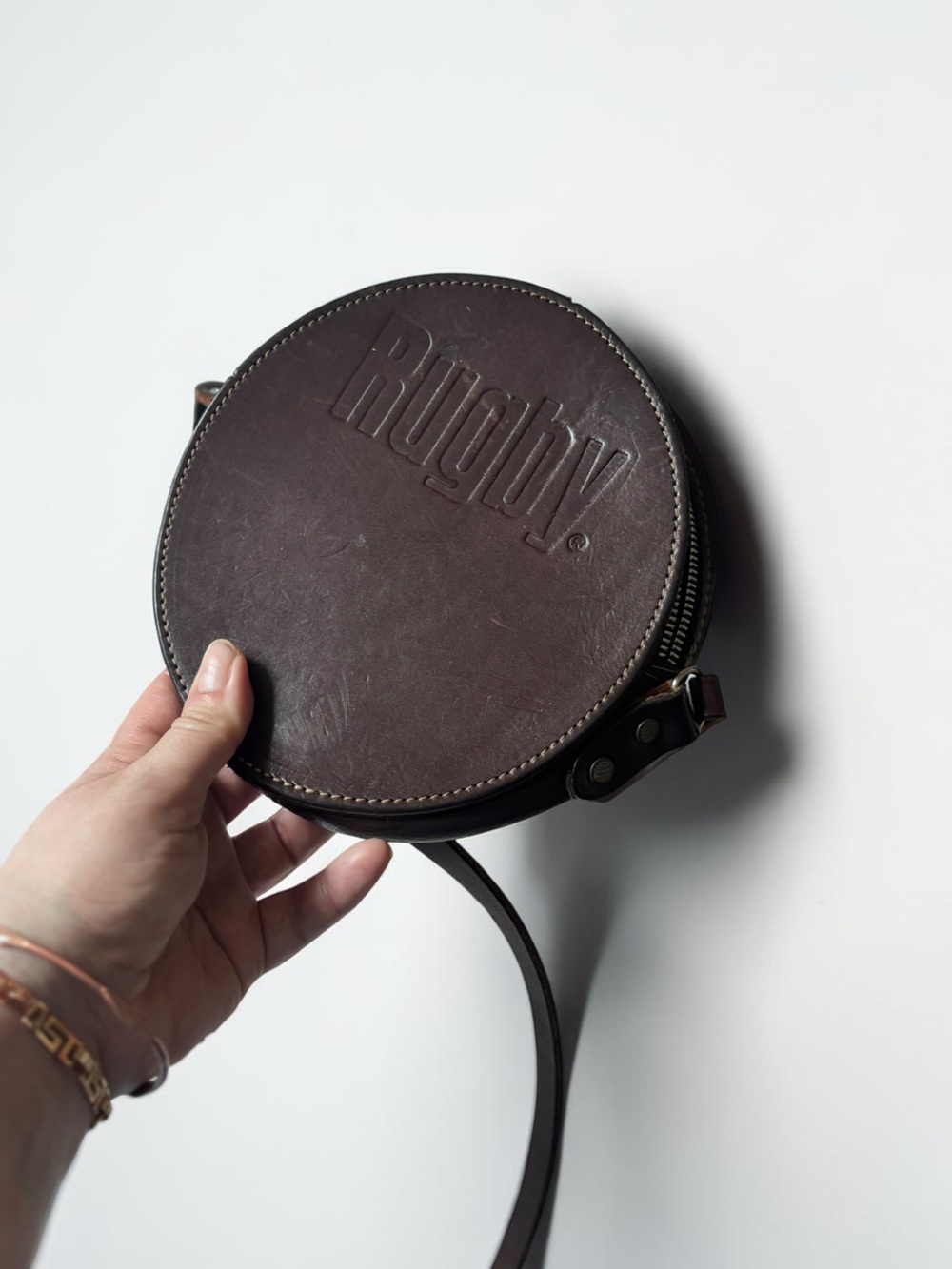 Vintage Rugby Round Leather Crossbody Bag Brown - Picture 2 of 7